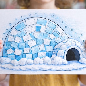 May include: A watercolour illustration depicting an igloo in shades of blue and white. The igloo is made of rectangular blocks and has a dark entrance. Fluffy clouds and snow surround the structure, creating a wintery scene.