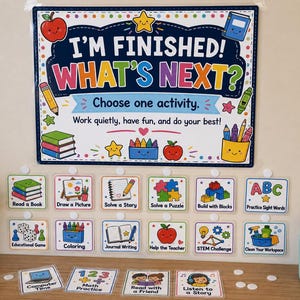 Könnte beinhalten: Ein Klassenzimmer-Wandplakat mit der Aufschrift I'M FINISHED! WHAT'S NEXT? und dem Untertitel Choose one activity. Work quietly, have fun, and do your best! Es zeigt bunte Illustrationen von Schulsachen und zwölf Aktivitätskarten darunter.