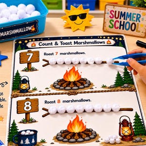 May include: A Count & Toast Marshmallows educational activity mat featuring campfire illustrations, wooden signposts with numbers 7 and 8, and rows of white pom-pom marshmallows. A blue plastic tweezer is used to place a pom-pom on a stick graphic.
