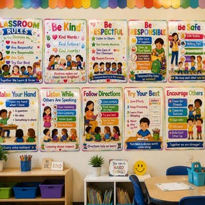 May include: A set of ten colourful educational classroom posters featuring illustrations of children and text including Classroom Rules, Be Kind, Be Respectful, Be Responsible, Be Safe, Raise Your Hand, Listen While Others Are Speaking, Follow Directions, Try Your Best, and Encourage Others.