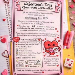 May include: A pink Valentine's Day classroom celebration announcement on a yellow clipboard. The announcement includes the date, Wednesday, Feb 14th, and requests for Valentine cards. It also lists nut-free food and non-food ideas for the celebration.