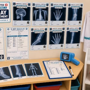 May include: A medical center radiology department playset featuring various X-ray images of human body parts, a doctor's coat, a blue plastic X-ray scanner, a clipboard with a request form, and storage bins labeled for doctor tools and first aid.