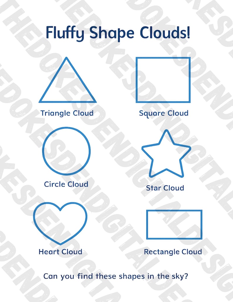 May include: A white poster with blue outlines of shapes labeled as clouds: triangle, square, circle, star, heart, and rectangle. Text at the top reads "Fluffy Shape Clouds!" and at the bottom, "Can you find these shapes in the sky?"