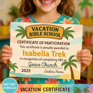 VBS Award Certificate | Instant Download for Church Programs | Vacation Bible School Certificate of Participation