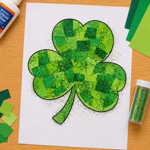 Puede incluir: Una hoja de papel blanco con el contorno de un trébol de tres hojas relleno con un mosaico de cuadrados de papel verde y purpurina verde. Un frasco de pegamento blanco y un pequeño recipiente de purpurina verde están colocados cerca.