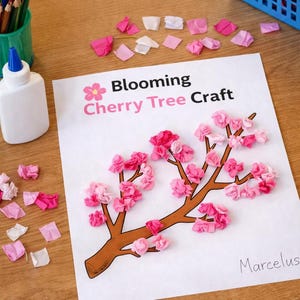 May include: A craft project titled "Blooming Cherry Tree Craft" features a brown tree illustration adorned with pink paper blossoms. Scattered around are pink and white paper squares and a bottle of glue, suggesting a DIY activity.