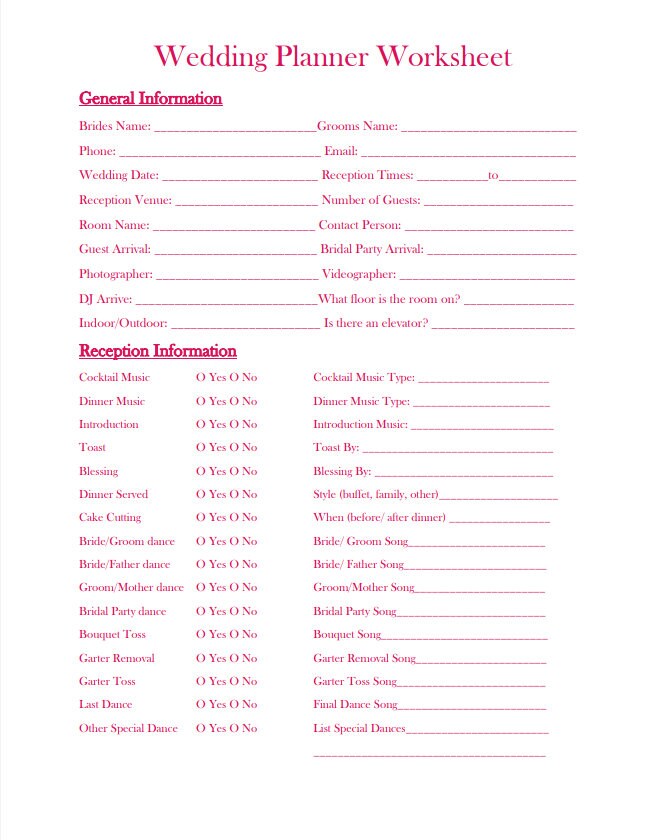 Dj wedding reception planning worksheet