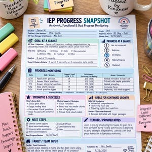 Puede incluir: Un documento IEP Progress Snapshot con secciones para seguimiento de objetivos, monitoreo de progreso, fortalezas y notas del docente. El formulario incluye texto escrito a mano para el estudiante Jaxon M., objetivos de lectura y datos de rendimiento.