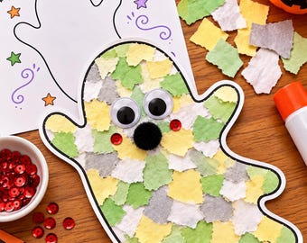 May include: A ghost-shaped craft project covered in small, torn pieces of green, yellow, and white paper. It features two large googly eyes, a small black pom-pom nose, and two red sequin cheeks. A coloring sheet with the text Too Cute to Spook is nearby.