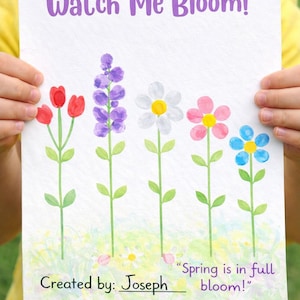 May include: A watercolor painting with the text "Watch Me Bloom!" and "Spring is in full bloom!" featuring colorful flowers: red tulips, purple lavender, white, pink, and blue flowers. The painting is signed "Created by: Joseph".