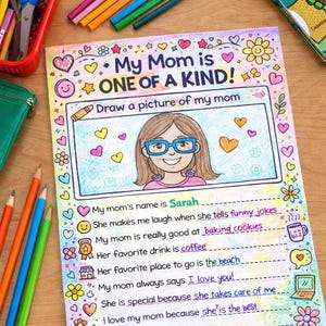 Peut inclure: Une feuille de coloriage "Ma maman est unique" avec un dessin d'une femme portant des lunettes. Comprend des crayons de couleur, des ciseaux et un cahier Tortues Ninja.