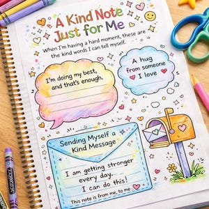 May include: A spiral-bound notebook with the text "A Kind Note Just for Me" and encouraging messages. The notebook is decorated with colorful drawings, including a mailbox, hearts, and stars. Crayons and markers surround the notebook.