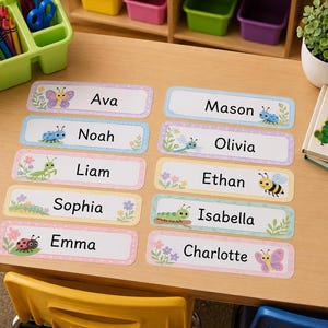 May include: A set of ten rectangular name tags featuring colourful insect and floral illustrations. Each tag displays a unique name in black text, including Ava, Mason, Noah, Olivia, Liam, Ethan, Sophia, Isabella, Emma, and Charlotte, with pastel borders.