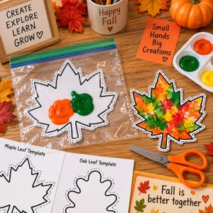 Puede incluir: Un kit de manualidades con plantillas de hojas de arce y roble, una bolsa de plástico con pintura naranja y verde sobre un recorte de hoja, una hoja pintada, tijeras naranjas, una paleta de pintura y carteles con el texto Create Explore Learn Grow, Small Hands Big Creations y Fall is better together.