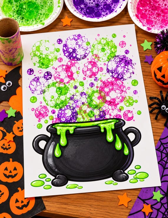 Halloween Cauldron Bubble Painting Craft for Kids, Bubble Dab & Brew Process Art, Preschool Halloween Activity, Recycled Materials Craft