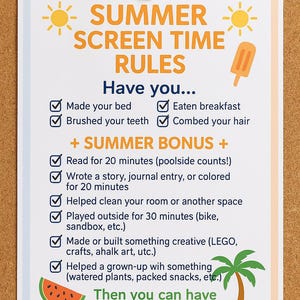 Summer Screen Time Checklist for Kids | Summer Rules Before Screen Time | Printable for Parents