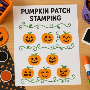 May include: A white activity sheet titled PUMPKIN PATCH STAMPING in black text, featuring green vine illustrations and eight orange stamped pumpkins with various black facial expressions, surrounded by crayons, ink pads, and glue.