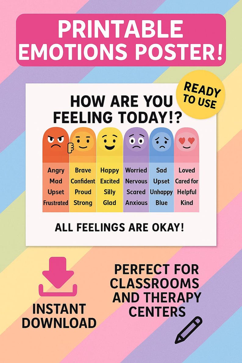 Feelings Chart Poster: SEL Printable Emotions for Kids (PDF Download 8 ...