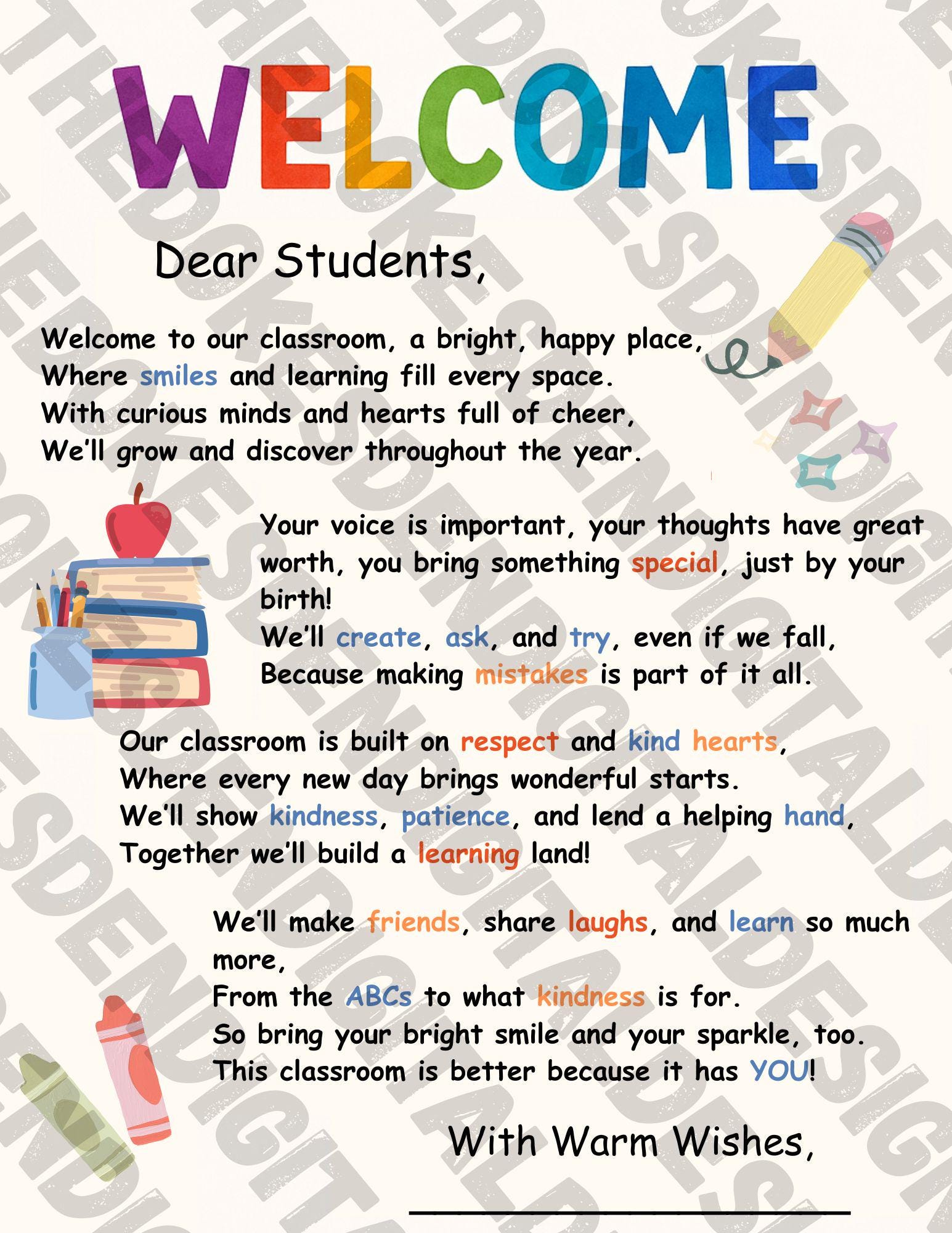 Welcome Letter for Students: Printable Classroom Note (PDF, 8.5x11in - Etsy