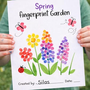 Puede incluir: Un niño sostiene un papel blanco con un diseño de jardín de huellas dactilares de colores. La obra de arte presenta flores, mariposas y una mariquita, con el texto "Spring fingerprint Garden". La obra de arte está firmada "Created by: - Silas".