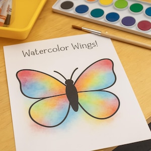 May include: A watercolor painting of a butterfly with rainbow-colored wings, outlined in black, on white paper. The text "Watercolor Wings!" is above the butterfly. A watercolor paint set, paintbrush, and art supplies are nearby.