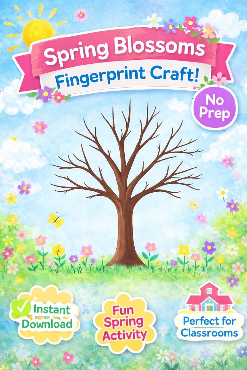 Finerprint Tree Spring Spring Blossom Tree Fingerprint Craft | No Prep Classroom Art Activity ...