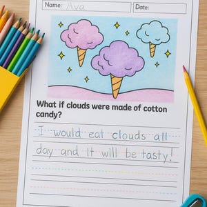 May include: A child's worksheet with a drawing of cotton candy clouds on ice cream cones. The text reads "What if clouds were made of cotton candy?" and "I would eat clouds all day and it will be tasty!" Colored pencils and a pencil sharpener are also visible.