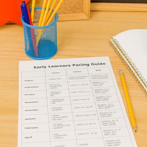 May include: A blue mesh pencil holder with yellow pencils and blue and red pens sits on a light wood surface. A printed "Early Learners Pacing Guide" and a spiral notebook are also present. A red star and a corkboard are in the background.