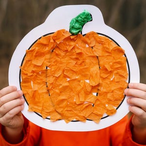 May include: A handmade pumpkin craft made from orange tissue paper and a green stem. The pumpkin is on a white paper plate with a black outline. The craft is held up by a person wearing an orange shirt.