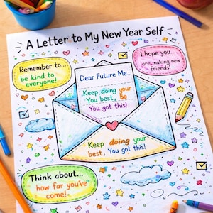 Könnte beinhalten: Bunte Illustration mit dem Titel „A Letter to My New Year Self“. Das Bild zeigt einen handgezeichneten Umschlag mit einem Herzen, umgeben von ermutigenden Botschaften und Sternen. Buntstifte und ein roter Apfel sind ebenfalls zu sehen.