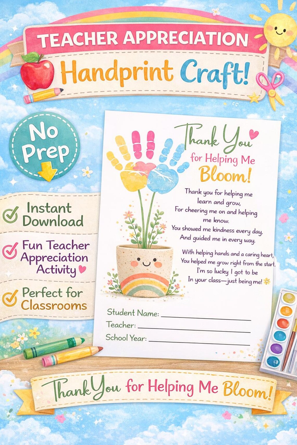Teacher Handprint Flower Craft Printable | Thank You for Helping Me ...