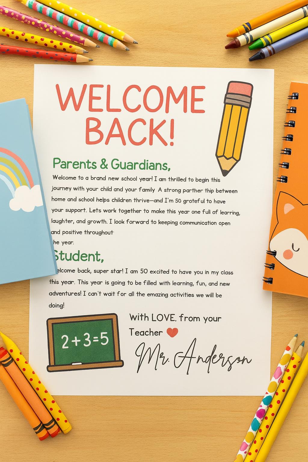 Printable Welcome Back Letter From Teacher: First Day of School Note ...