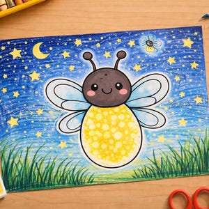 May include: A colorful drawing of a cartoon firefly against a starry night sky. The firefly has a yellow body, blue wings, and a smiling face. The artwork includes a crescent moon, grass, and stars.