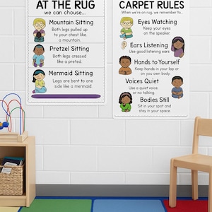 May include: Two educational posters with illustrations and text about classroom rules and sitting positions. The posters are titled "At The Rug" and "Carpet Rules". The image also shows a wooden chair, a small shelf, and a colourful rug.