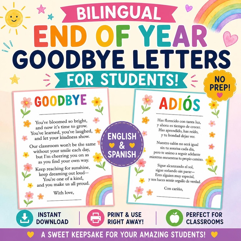 Bilingual End of Year Goodbye Letters for Students - Etsy