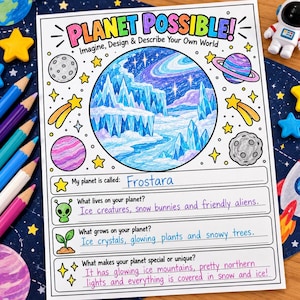 自分だけの惑星をデザインしようワークシート｜惑星ポッシブル創造的ライティングアクティビティ｜子供向け宇宙科学お絵かきアクティビティ｜準備不要の印刷可能