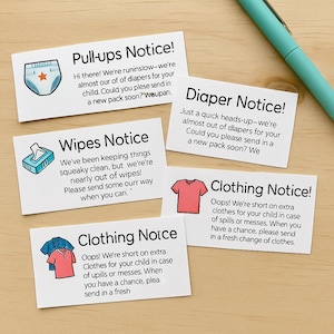 May include: A collection of white cards with text and illustrations, including "Pull-ups Notice," "Diaper Notice," "Wipes Notice," and "Clothing Notice." Each card features a different icon, such as a diaper, wipes, or clothing, and a message.