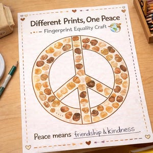 Puede incluir: Un proyecto de manualidades con el texto "Different Prints, One Peace" y un símbolo de la paz hecho con huellas dactilares. La frase "Peace means friendship & kindness" está escrita debajo. También se ven pintura, lápices y un cuaderno.