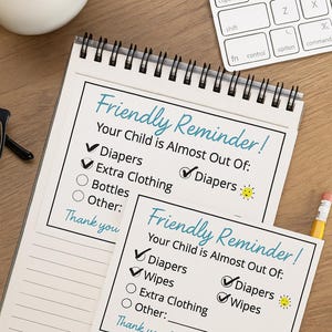 May include: A spiral-bound notepad with a printed reminder checklist, featuring the text "Friendly Reminder!" and checkboxes for diapers, extra clothing, and bottles. A smaller card with the same design is also present.