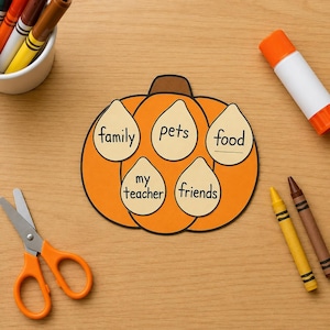 May include: A paper pumpkin craft with five cream-coloured seed shapes attached to the centre. Each seed shape contains black text reading family, pets, food, my teacher, and friends. The pumpkin is orange with a brown stem and black outlines.