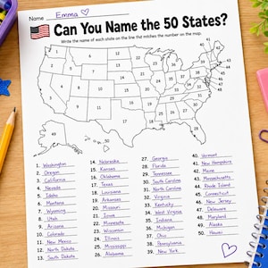 Könnte beinhalten: Ein weißes Arbeitsblatt mit dem Titel Can You Name the 50 States? das eine schwarz-weiße Umrisskarte der Vereinigten Staaten mit nummerierten Bundesstaaten und eine Liste von fünfzig nummerierten Zeilen mit handschriftlichen Namen zeigt.