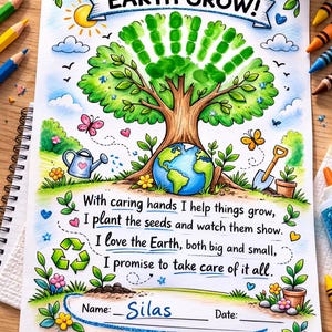 May include: A colorful drawing with the text "Watch Our Earth Grow!" features a tree with green handprint leaves, a globe, and various nature elements. The artwork includes a poem about caring for the Earth, with a space for a name and date.