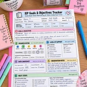 May include: An IEP Goals and Objectives Tracker form printed on white paper with colorful sections. The form includes fields for student name, date, and goal monitoring. It features numbered sections for goals, progress ratings, support levels, and notes.