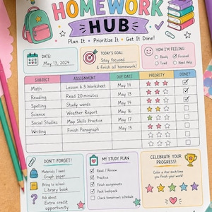 May include: A printed homework planner sheet titled My Homework Hub with sections for date, goals, feelings, assignments, and study plans. The colorful layout includes icons of a backpack, books, and stars, with handwritten text detailing school tasks.