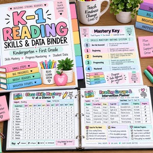Puede incluir: Un archivador de habilidades de lectura y datos K-1 para jardín de infancia y primer grado, que incluye una clave de dominio, una tabla de habilidades de clase y un planificador de intervención. El conjunto contiene páginas impresas coloridas con texto, gráficos e ilustraciones de libros, plantas y manzanas.