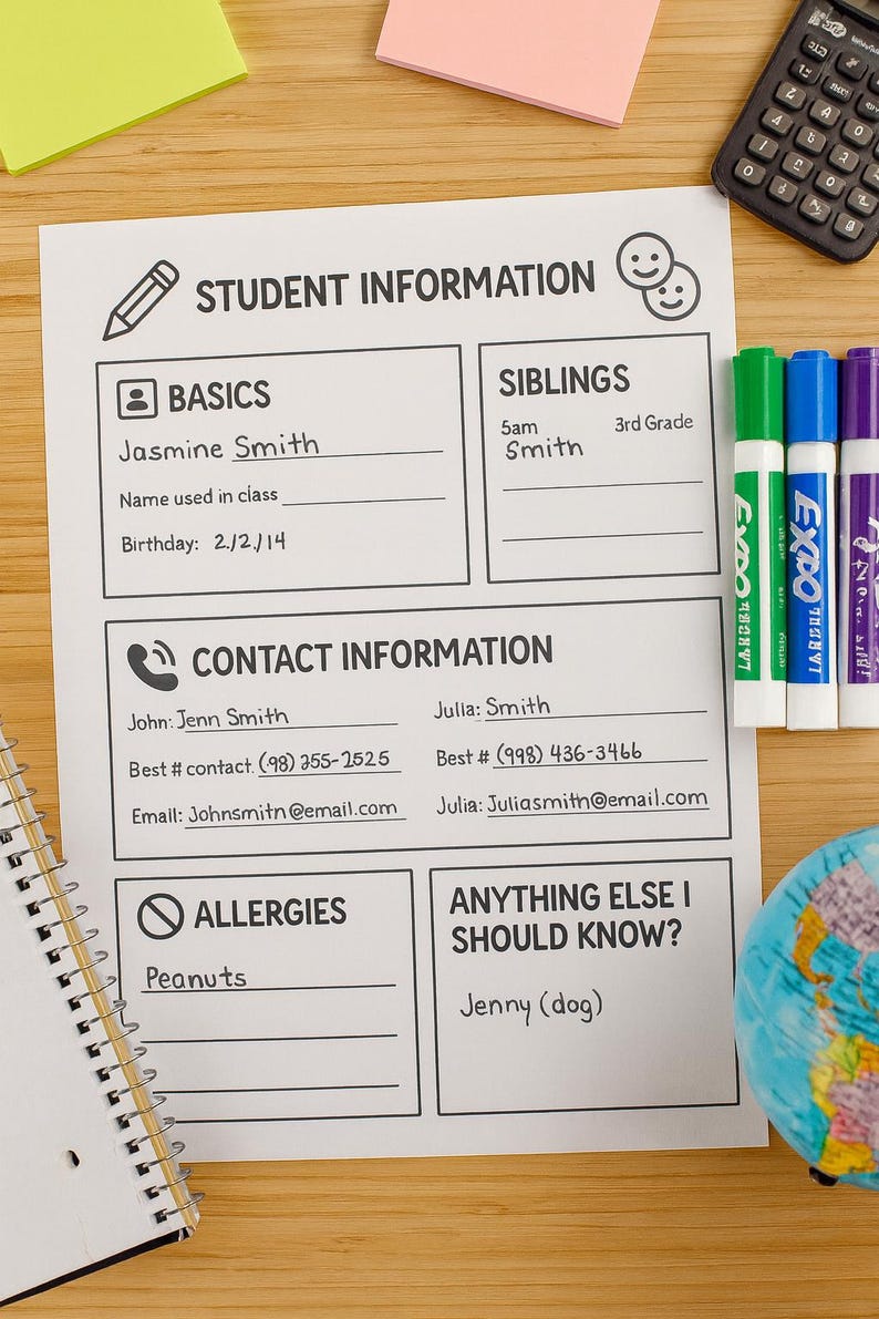 Printable Student Information Form for Teachers – Back to School ...