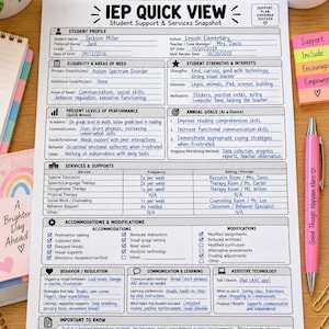 May include: A white paper IEP Quick View student support and services snapshot form with black text and blue handwritten entries. The document includes sections for student profile, eligibility, strengths, goals, services, accommodations, and behavior.