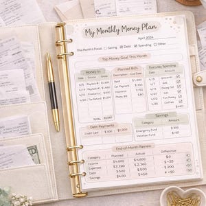 Puede incluir: Un archivador beige con detalles dorados, abierto en un plan financiero mensual para abril de 2024. El plan incluye secciones para ingresos, gastos y ahorros, con un bolígrafo y clips cerca. Una taza de café está en el fondo.