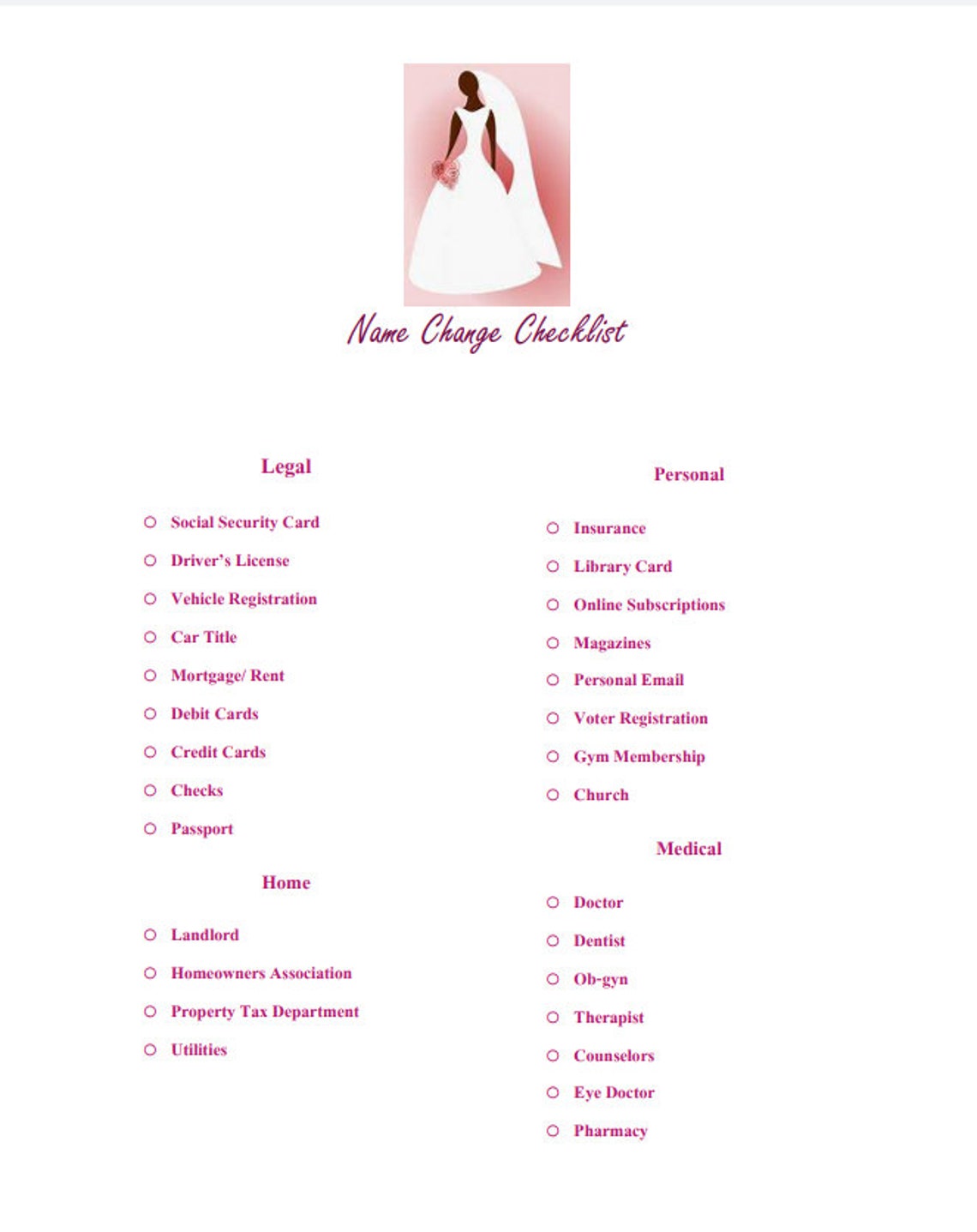Name Change Checklist Wedding Checklist Printable Template - Etsy