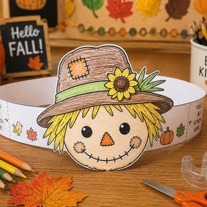 May include: A paper scarecrow crown featuring a brown hat with a sunflower, yellow straw hair, and a stitched face. The white band includes the printed text FOLD & ATTACH HERE, along with small illustrations of a bird, a pumpkin, and autumn leaves.